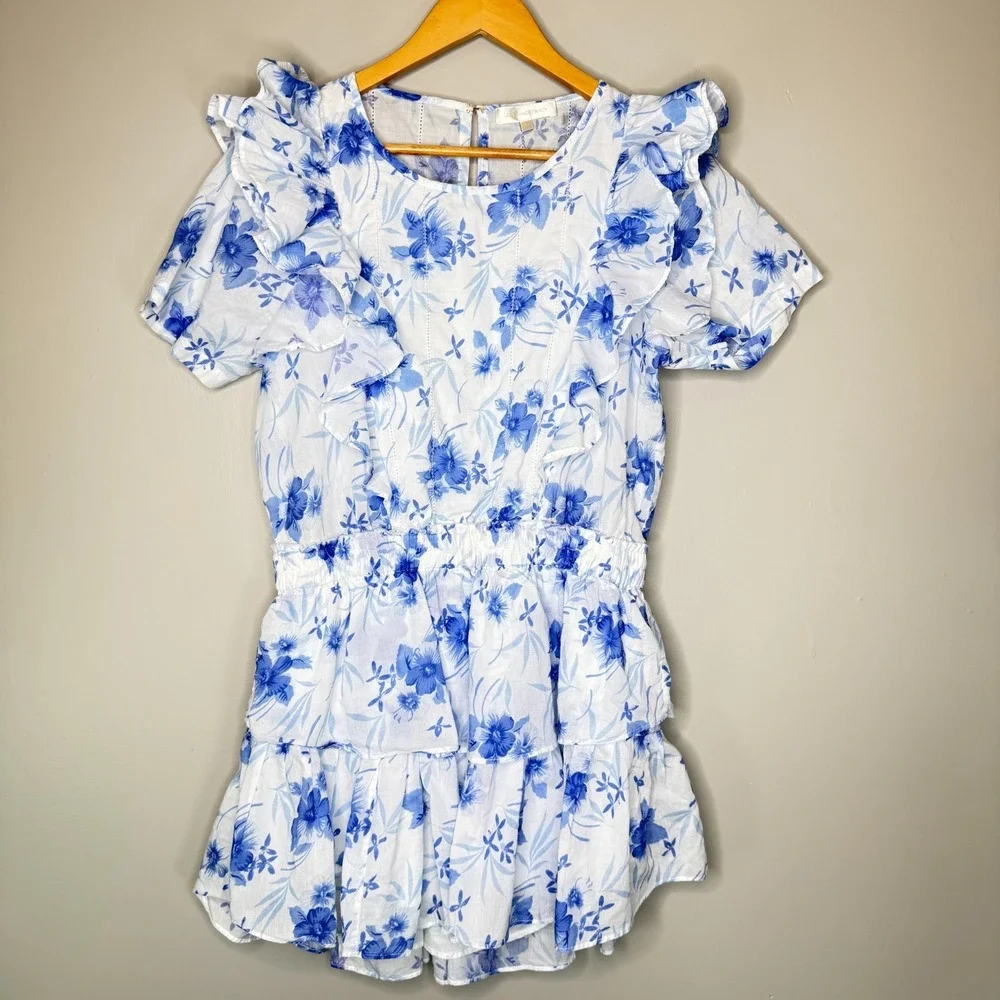 LoveShackFancy Womens XL Floral Mini Dress Blue White Ruffle Cotton